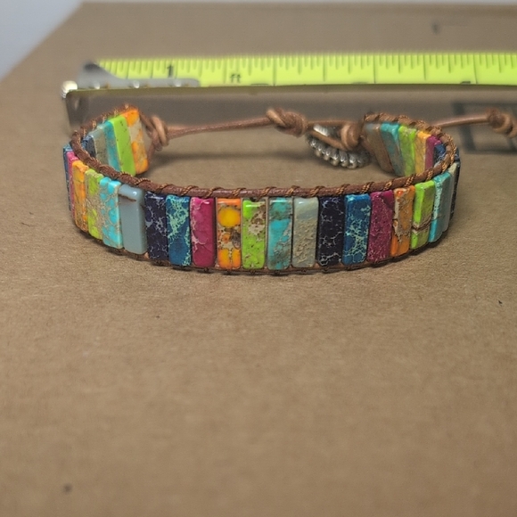 unknown Jewelry - Handmade Multicolor Stone Tile Wrap Bracelet - Brown Cord